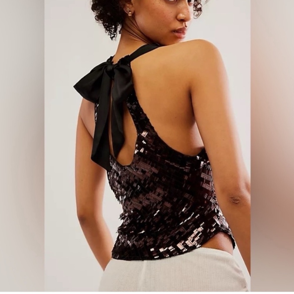 Free People Black Sequin Halter Tank with Back Tie